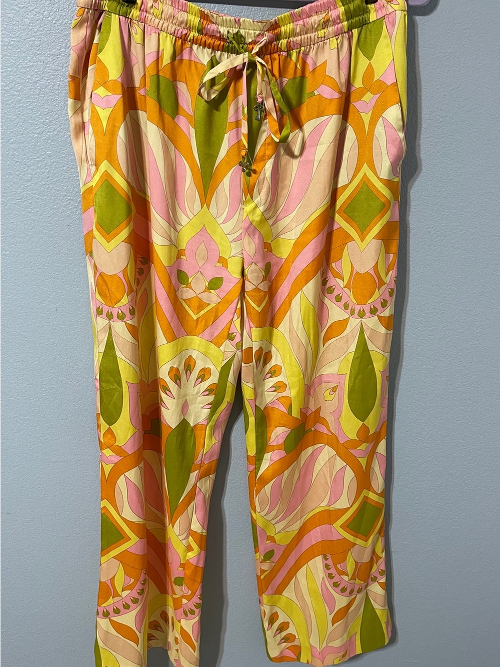 Zara Retro 70s Geometric Print Pants Pink Orange Green Boho Resort Drawstring XL